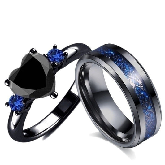 Luxury Black Gemstone Heart Engagement & Wedding Ring
