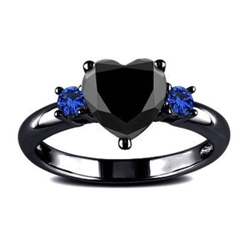 Luxury Black Gemstone Heart Engagement & Wedding Ring