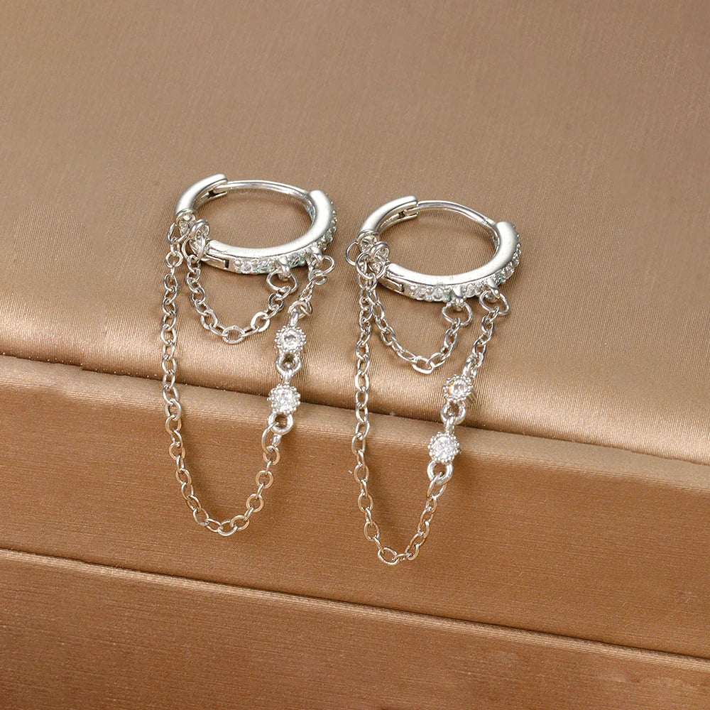 🌙 Korean Zircon Hanging Earrings – Stylish Double Chain Design