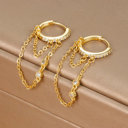 🌙 Korean Zircon Hanging Earrings – Stylish Double Chain Design