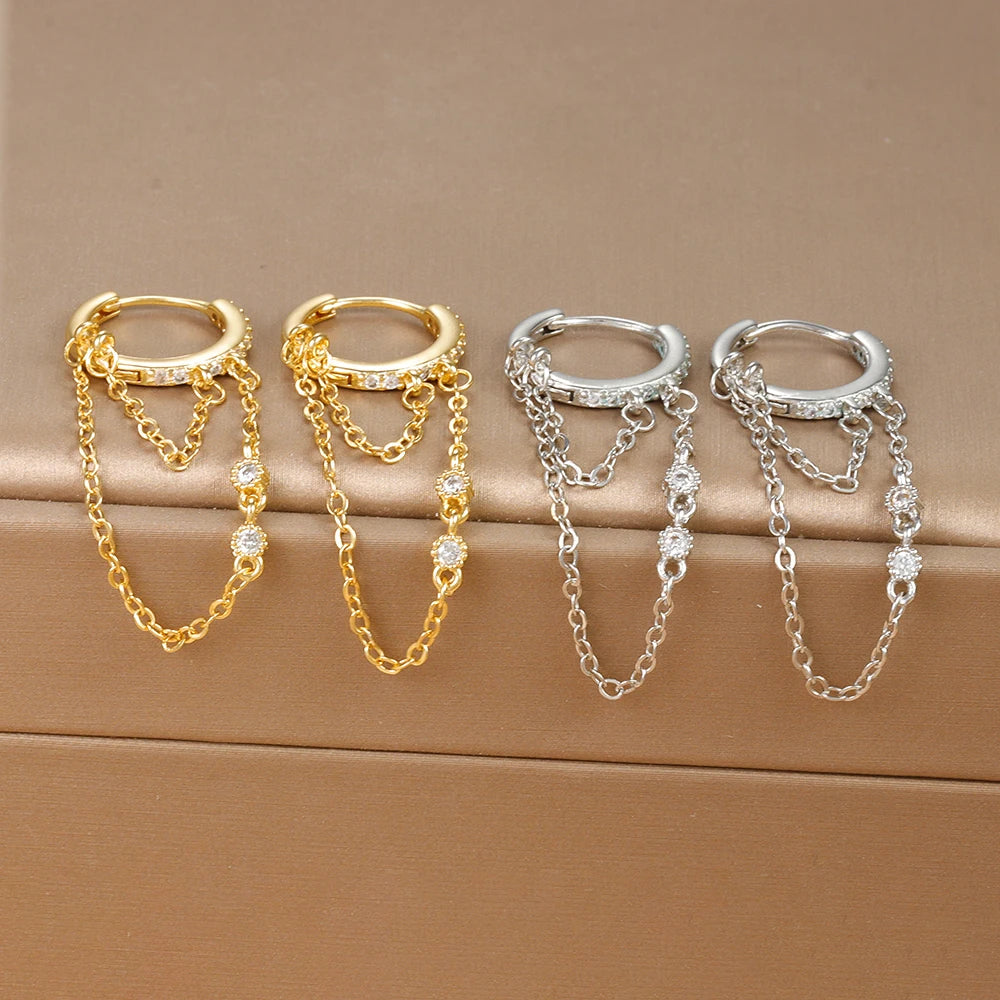 🌙 Korean Zircon Hanging Earrings – Stylish Double Chain Design