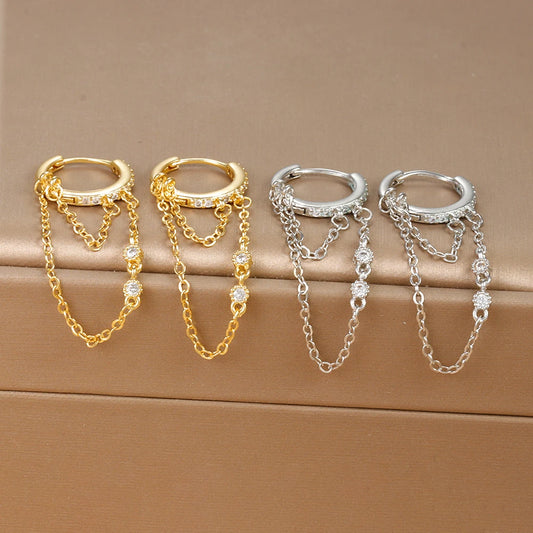 🌙 Korean Zircon Hanging Earrings – Stylish Double Chain Design