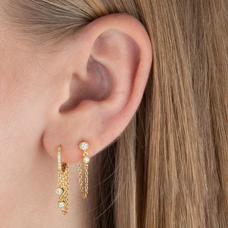 🌙 Korean Zircon Hanging Earrings – Stylish Double Chain Design