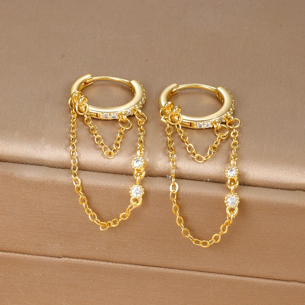 🌙 Korean Zircon Hanging Earrings – Stylish Double Chain Design