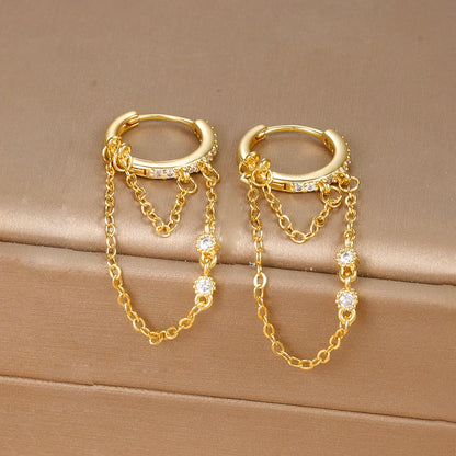 🌙 Korean Zircon Hanging Earrings – Stylish Double Chain Design